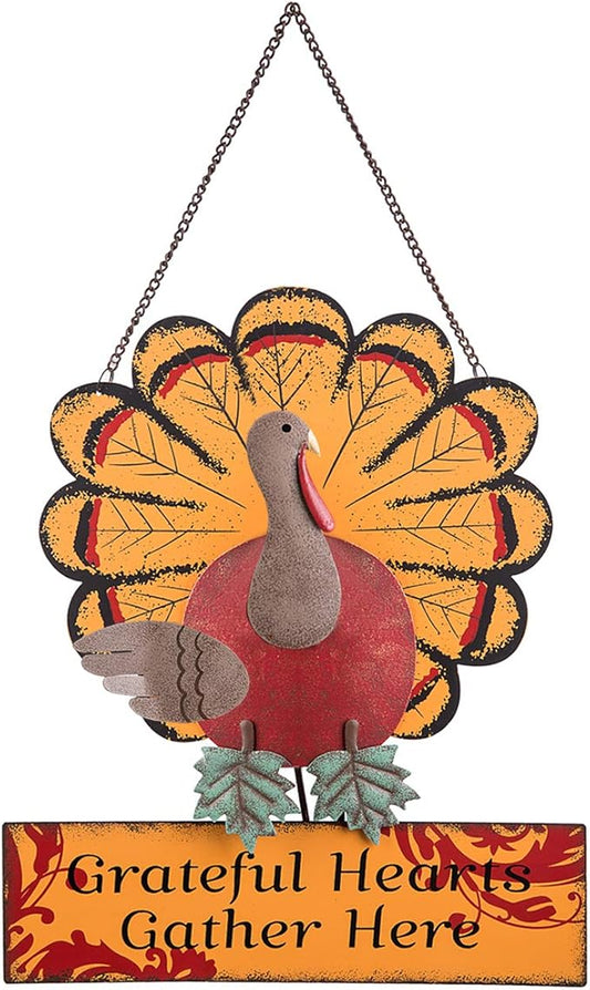 Ogrmar Thanksgiving Metal Turkey Sign Wall Hanging Decoration with bracket for Front Door Ornament Festive Whimsical Halloween Christmas Wall & Tabletop Decor