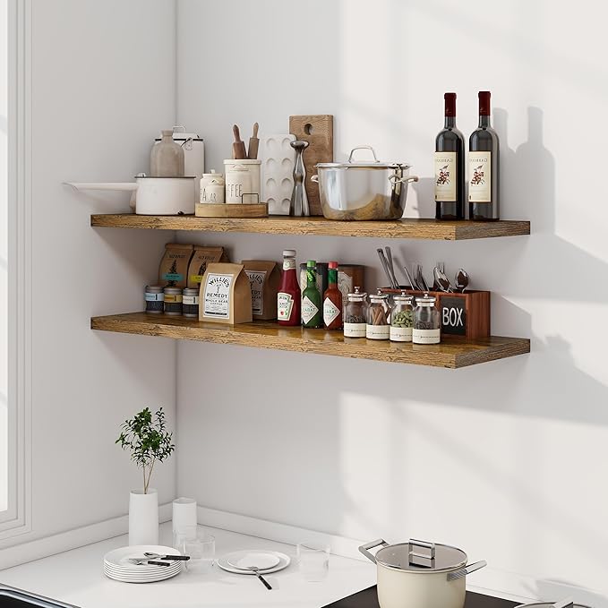 48" Floating Shelves for Wall, 12" Deep Slim Rustic Brown Floating Shelves, Wall-Mounted Shelves for Bedroom, Living Room, Kitchen, Bathroom - Set of 2