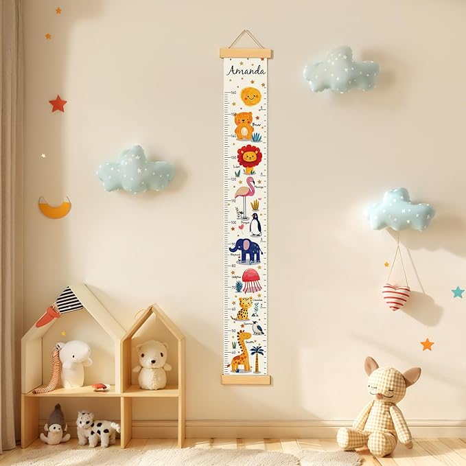 Personalized Name Growth Chart Wall Decor for Kids – Canvas Removable Height Chart Measuring Ruler 59" x 7.9" （Animals）