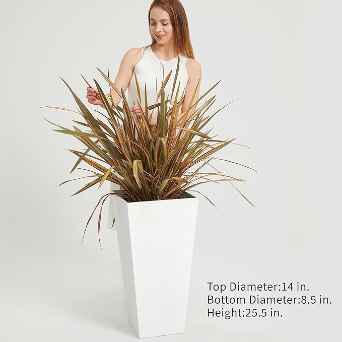 Worth Garden 2-Pack White Matte Texture Square Tapered Planter - 25.5" H. Tall Plastic Plant Pots with Drain Hole for Indoor Outdoor - Modern Decorative Flower Pots for Front Porch, Patio, Deck