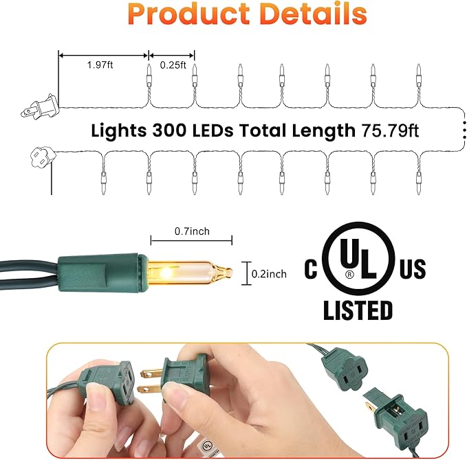 Toodour Clear Christmas Lights, 75ft 300 Count Incandescent Indoor Outdoor String Lights, UL Certified Connectable Green Wire Mini Bulb Light for Home, Party, New Year, Xmas Tree Decor - Warm White