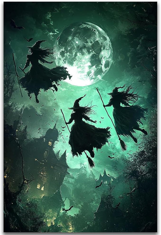Flying Three Witches Halloween Canvas Wall Painting,Witches on Broom Under Full Moon Castle Victorian Decoration Haunted House Retro Poster for Living Room Bedroom Gallery,20"x30" Unframed