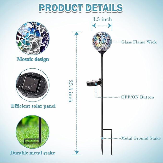 Solar Garden Lights Outdoor Decorative - Solar Gazing Ball Mosaic Garden Stakes Decorative Waterproof Outdoor Lights for Pathway Yard Lawn Decoration Multi