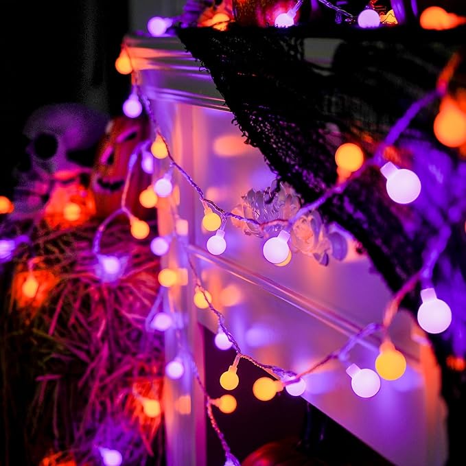 JMEXSUSS 100 LED Orange and Purple Halloween Lights Indoor, Connectable Globe String Lights Plug in with Remote, 33ft 8 Modes Orange and Purple Light Outdoor for Room Party Halloween Decor