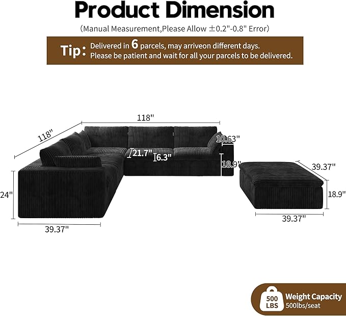 118" 6-Seater Cloud Sofa,Modular Sectional Couch with Ottoman,Modern Deep Seat Upholstered Couches with Corduroy Fabric for Living Room Furniture,Bedroom and Apartment,No Assembly Required,Black