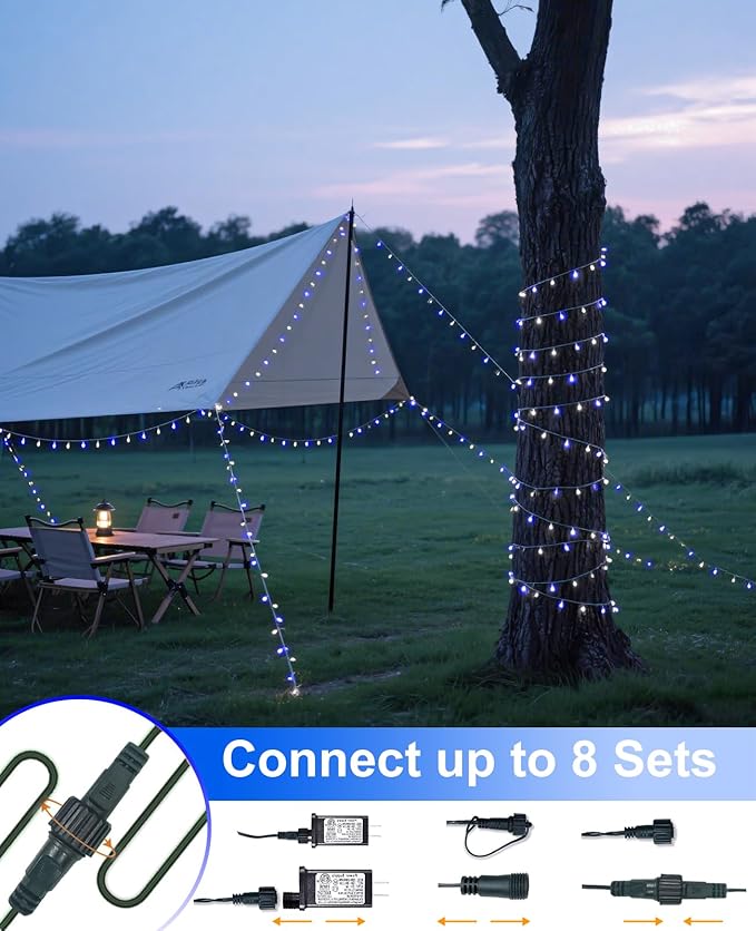 Christmas Lights Outdoor 40FT 120 LED, Green Wire Christmas Tree Lights Waterproof, 8 Modes & Timer, Connectable String Light for Indoor Garden Yard Party Wedding Decorations, Blue White