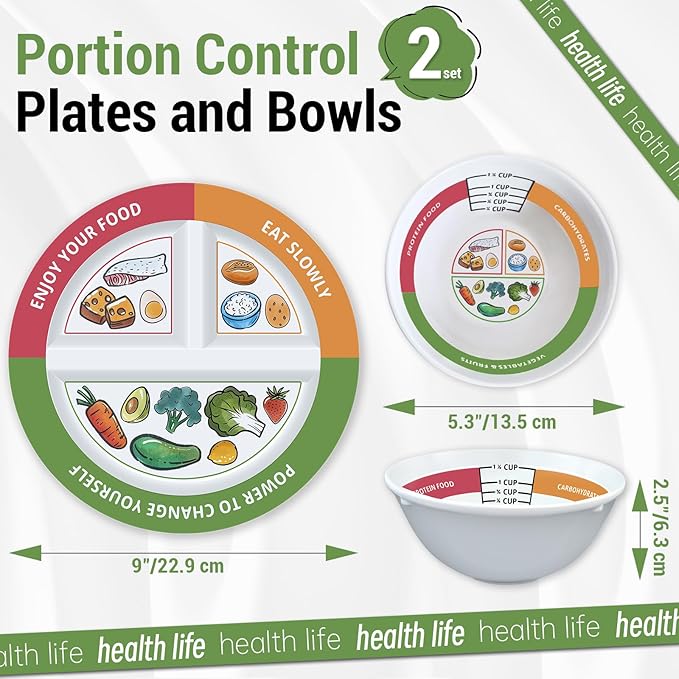 4 Pcs Portion Control Plates & Bowls Set (9 Inch), Self-Measuring for Weight Loss, Gastric Bypass, LapBand, Diabetes, & Healthy Diets, Divided Nutrition Plates for Adults & Children