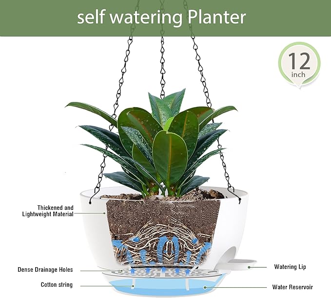 12 Inch Hanging Baskets 2 PC with Chains, Self-Watering Hanging Planters for Indoor Outdoor Plants, Plastic Hanging Flower Pots,White