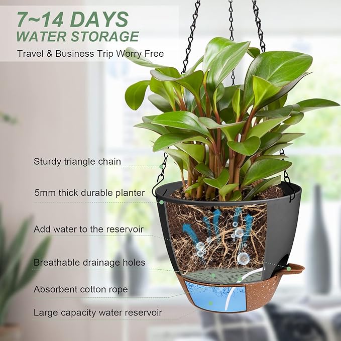 Hanging Planters for Indoor Outdoor Plants, 2 Pack Self Watering Hanging Pot with Drainage Holes & Removable Tray (Black, 6'')