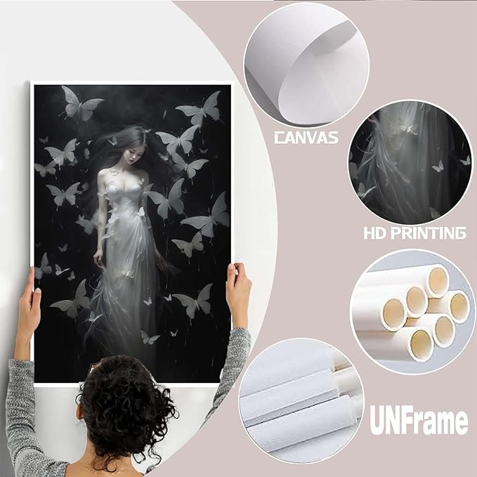 JFHCQJPK Vintage Gothic Feminine Canvas Wall Art Print Butterfly Poster Moody Female Wall Art Retro Artwork Dark College Decor for Home Bedroom16x24in Frameless