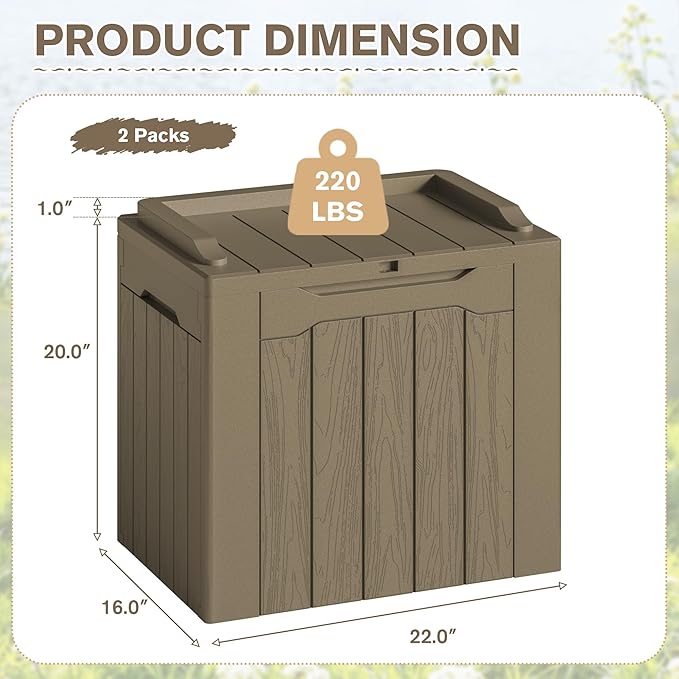 JUMMICO 31 Gallon Resin Deck Box Waterproof Indoor Outdoor Storage Boxes for Patio Furniture Cushions and Garden Tools (Light Brown, 31gallon-2 Packs)
