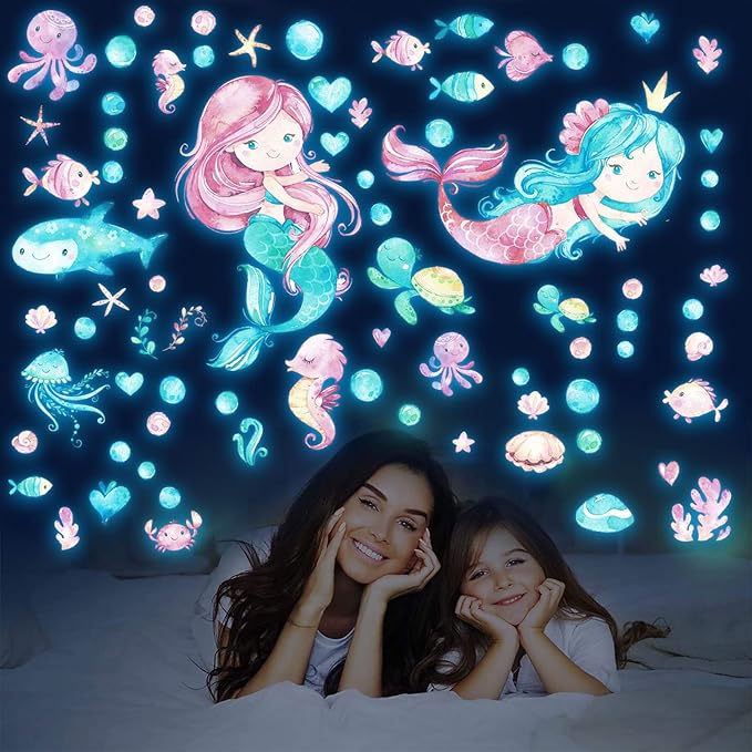 Luminous Mermaid Wall Stickers Decals,Glow in The Dark Mermaid Starfish Wall Decals, Glowing Self-Adhesive Stickers for Ceiling Decor, Kids Baby Room Wall Stickers Decoration for Girls Gifts (meireny)