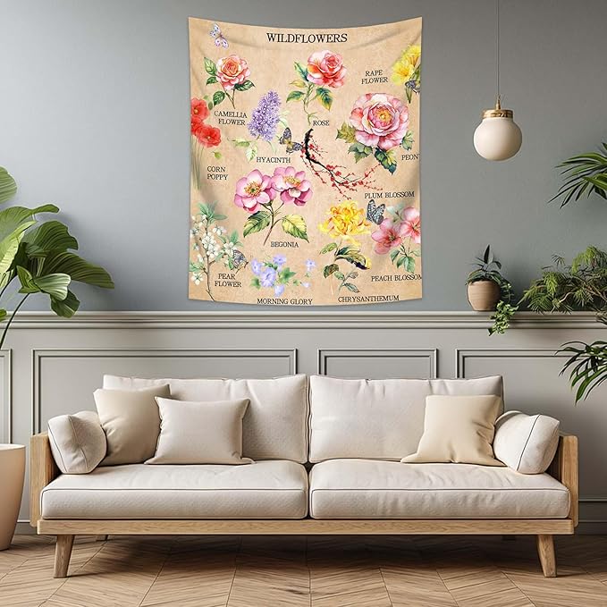 dueeia Vintage Floral Tapestry Wall Hanging Wildflowers Colourful Flower Boho Butterfly Tapestries for Bedroom Aesthetic Living Room Wall Decor (59.1"x51.2")