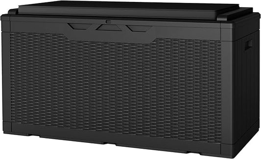 JUMMICO 100 Gallon Resin Deck Box with Cushion, Waterproof Outdoor Storage Box with Lockable Lid for Garden Tools, Patio Cushions (Black)