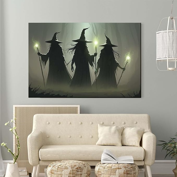 Vintage 3 witches canvas wall decor melancholy dark Halloween poster wall decor holding a staff print Gothic horror Halloween painting print for living room bedroom8x12in Wood Framed