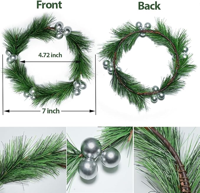 4pcs Christmas Candle Rings Wreaths Artificial Silver Berries Greenery Pine Needles Garland Christmas Wreath Candle Rings Holder for Wedding Christmas Table Centerpiece Home Dinner Table Décor