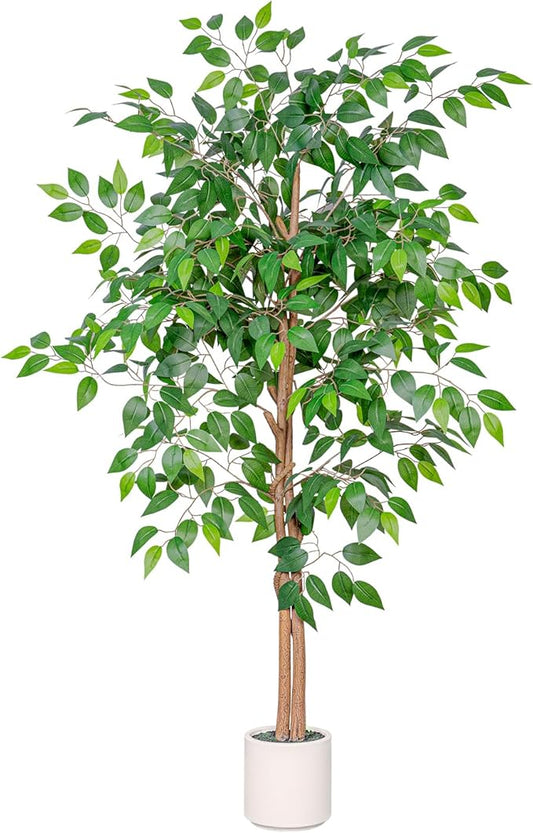 5FT Artificial Ficus Tree with White Planter, Realistic Faux Silk Indoor Outdoor Plant for Home Office Living Room, Porch, Garden Decor