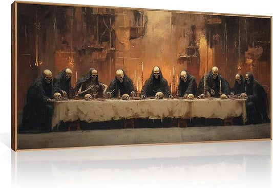 KAIRNE Framed Skeleton Canvas Wall Art,Abstract Retro Skull Print Set of 1(40”X20”),Scary Halloween Pictures,Horror Wall Art,Skeleton Last Supper Posters for Living Room Bedroom Ding Room Office Decor