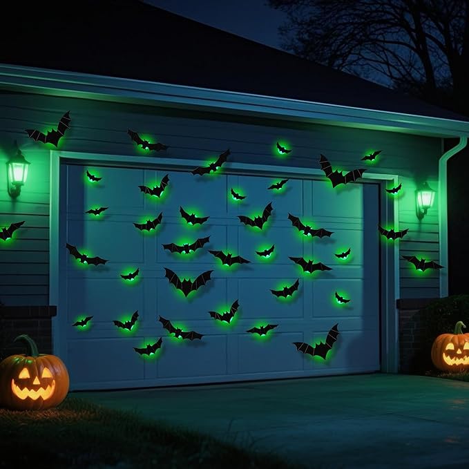 DR.DUDU 36 Pack Bats Halloween Decorations- Light Up Bat Wall Stickers with Green LED, 3D Removable Window Decals for Indoor/Outdoor, Bathroom, Door, Home, Bedroom Halloween Party