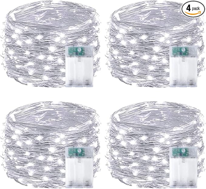 4-Pack Fairy Lights Battery Operated with Timer, Waterproof 16FT 50 LED String Lights Indoor Outdoor, Cuttable Starry Fairy Lights for Christmas Home Bedroom Wedding DIY Centerpiece Decor (Cool White)