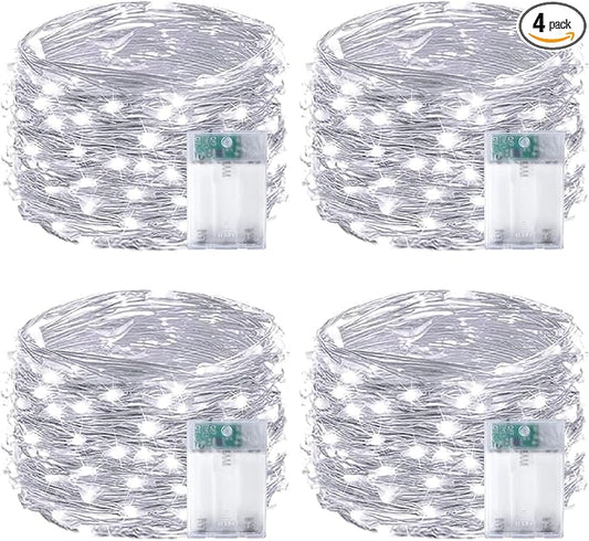 4-Pack Fairy Lights Battery Operated with Timer, Waterproof 16FT 50 LED String Lights Indoor Outdoor, Cuttable Starry Fairy Lights for Christmas Home Bedroom Wedding DIY Centerpiece Decor (Cool White)