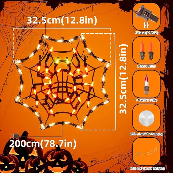 12.8" Lighted Cobweb Halloween Window Silhouette Decoration,Halloween Lighted Window Decoration,Hanging Light Up Holiday Ornament（ Cobweb Light）