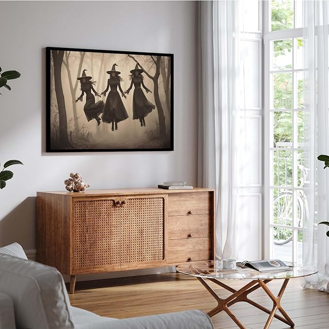 JFHCQJPK Three ghost witches flying in vintage forest gothic wall art witchcraft decoration holiday gift canvas wall art print8x12in Metal blackFramed