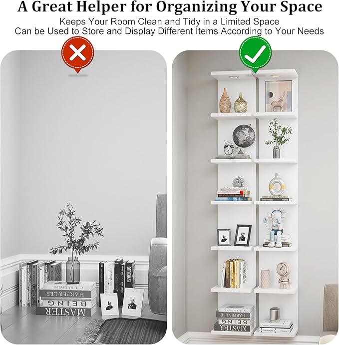 Versatile 7 Tier Shelf Unit 6.4Ft Lack Wall Shelf Unit with LED Floating Wall Shelf Unit Wall Mount Vertical Shelving for Storage Space Saving Organizer for Bedroom Living Room Office Display Decor