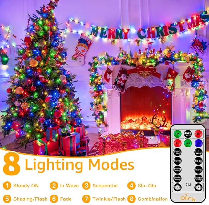 Ollny Christmas Lights, 198 FT 600 LED Outdoor Waterproof Plug in Christmas Tree Lights with 8 Modes Remote Timer, String Lights for House Yard Outside Indoor Xmas Decorations Multicolor