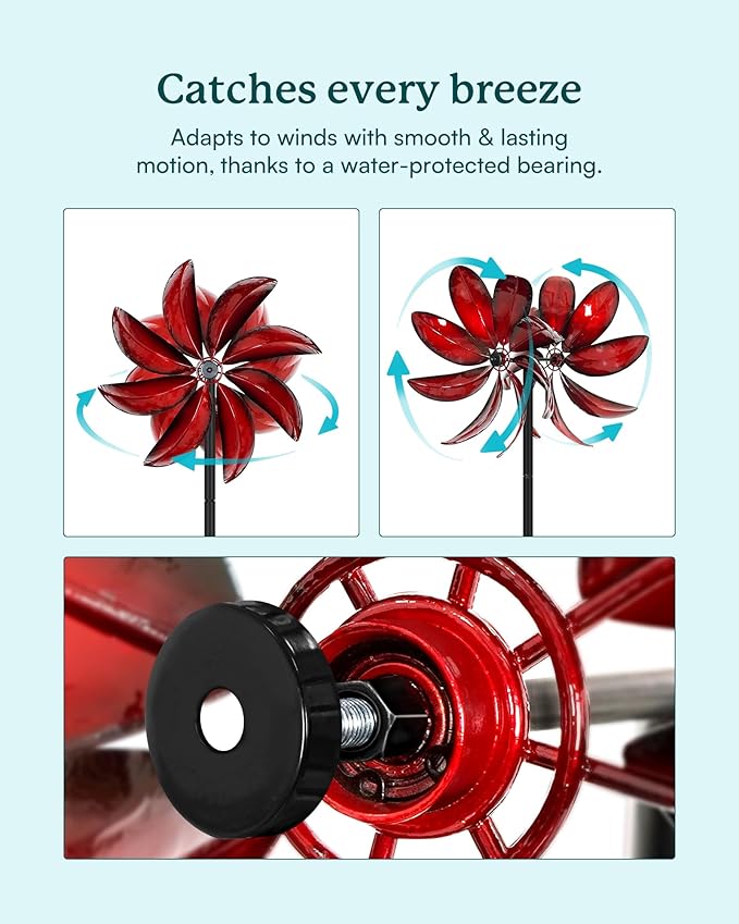 Wind Spinners Outdoor - Red Metal Windmill with Stake for Yard and Garden, Kinetic Wind Sculptures & Spinners, Gift Decor Ideas for Garden Lovers (12" W x 70" H)