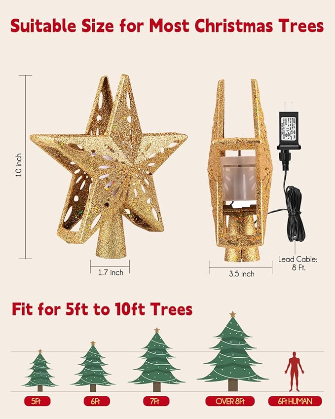 Brightown Christmas Tree Topper Lighted with 6 Projection Modes,9.8”Christmas Star Tree Topper with Built-in LED Rotating Lights,Tree Top with Golden Spangles Plated Plug in for Christmas Decorations