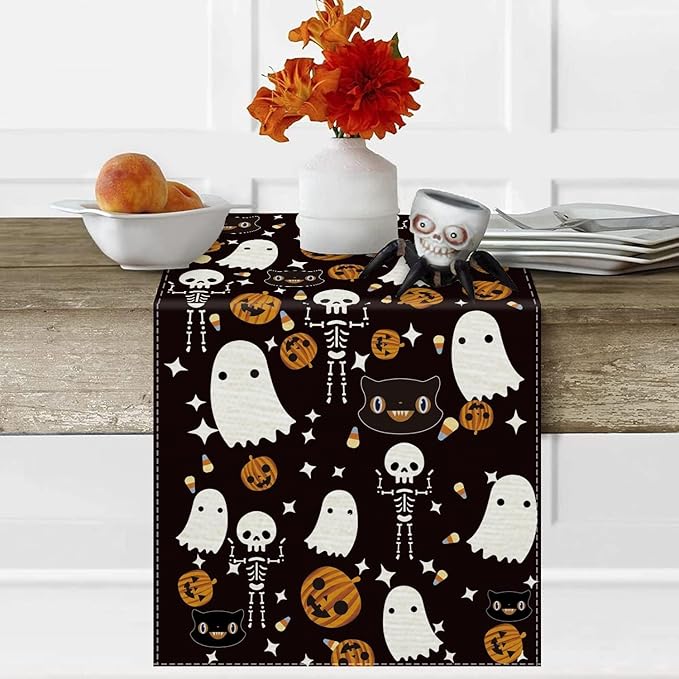 Halloween Table Runner Black Cat Pumpkins Seasonal Kitchen Dining Table Home Outdoor Party Decorations 13x120 Inch
