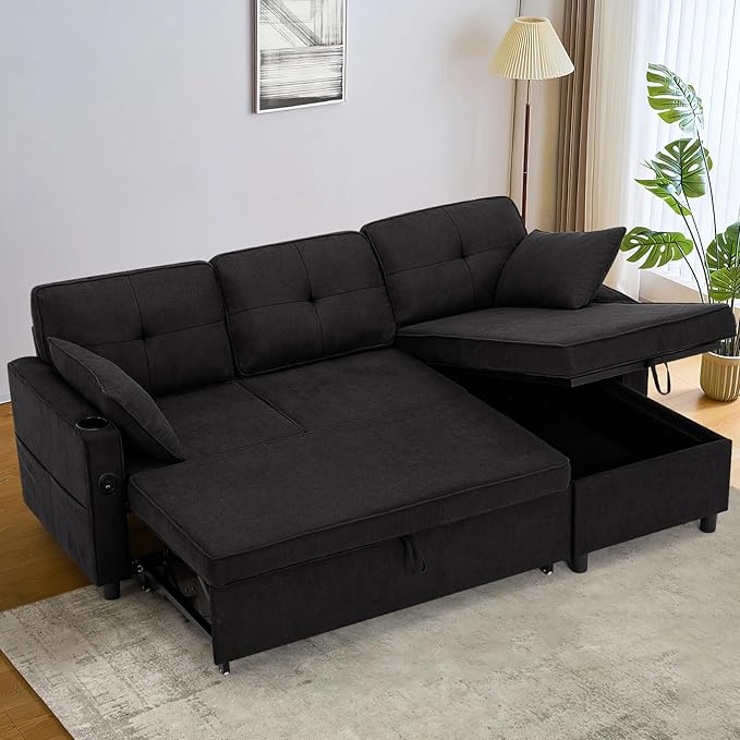 84 Inches Fabric Sectional Sofa w/Pull Out Sofa Bed & Adjustable Back, Tufted L Shaped Couch w/Storage Chaise, Sleeper Sectional Sofa w/USB Port & Cup Holders for Living Room, Black