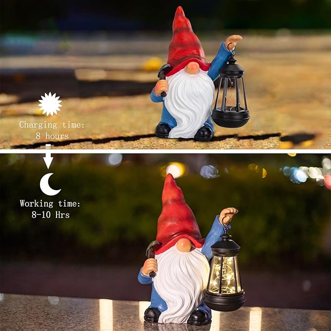 Garden Gnome Statue Solar Light Outdoor Decorations Figurine with Lantern Led Shovel Sculpture Lawn Patio Yard Porch Outside Christmas Housewarming Gifts for Women Mother's Day Grandma