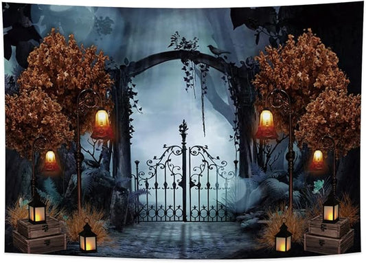 Durable Fabric Halloween Backdrop 10x8ft Horror Cemetery Iron Gate Scary Halloween Photo Background for Photography Halloween Party Decorations Wall Decor Photo Studio Decoration Supplies