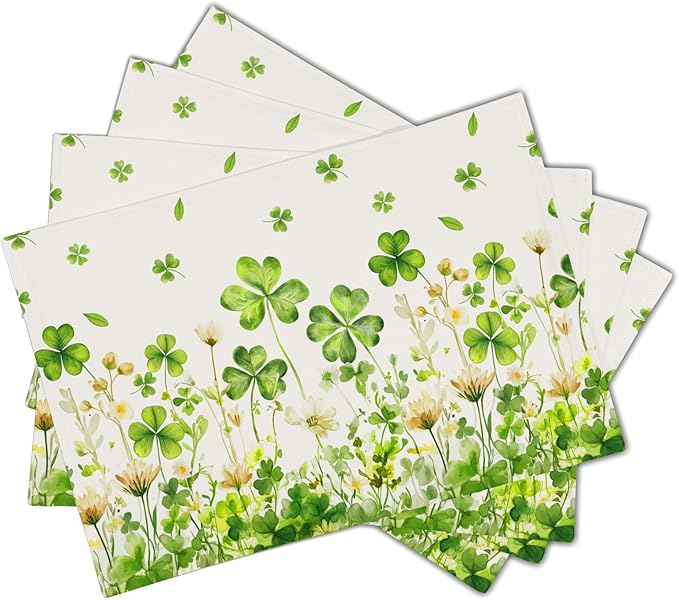 St. Patrick's Day Placemats Set of 4 Watercolor Green Shamrock Floral Spring Seasonal Washable Non-Slip Heat Resistant Place Mats 12x18 Inch Linen Table Mats for Kitchen Dining Party
