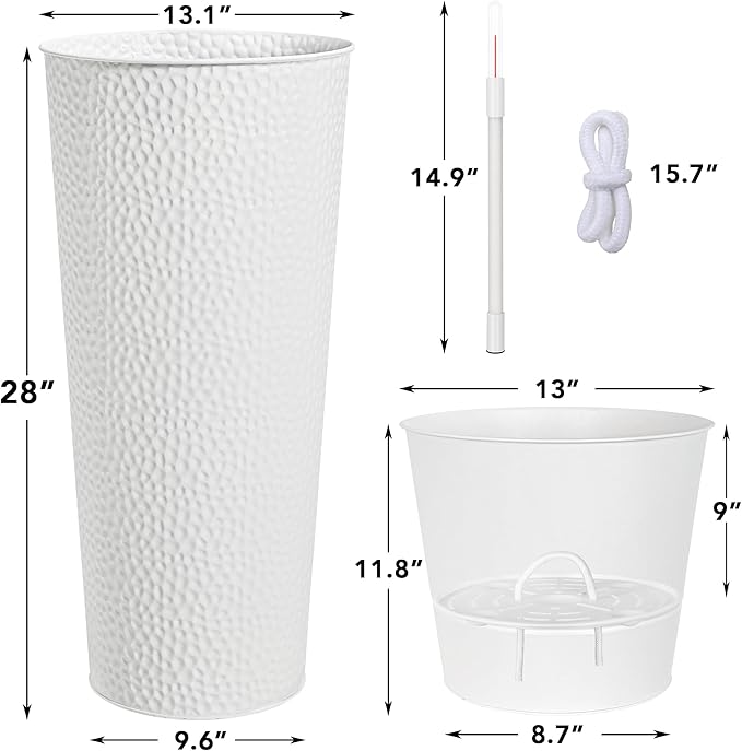 KOL 28" H. Tall Metal Cone Planters with Inner Pots 2-Pack, White Hand-Hammered Large Decor Planter for Deck, Patio, Porch - Handcrafted Flower Pot - with Water Level Indicator - Indoor Outdoor Use