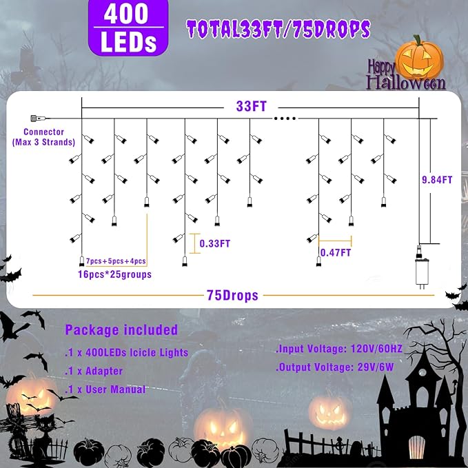 33ft Halloween Lights Outdoor, 400 LED Icicle Lights for Outside, Orange and Purple Twinkle Christmas Light with Connectable Clear Wire 8 Modes Timer Waterproof for House Party Tree Holiday Yard Decor
