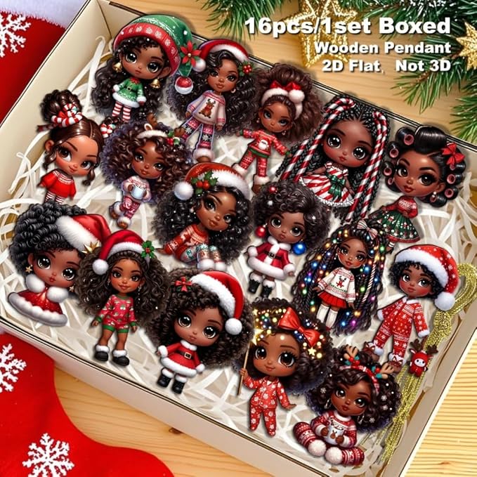 16pcs African American Black Chibi Girl Ornaments - Xmas/Christmas Wooden Decor, Gift Boxed for New Year/Carnival | Home/Window/Tree/Office/Classroom/Wine Bottle Party Deco, Black Heritage Pendants
