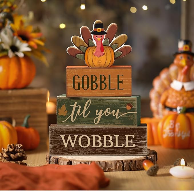 4 Pcs Fall Decorations for Home Thanksgiving Tiered Tray Decor Fall Table Decor Thanksgiving Centerpiece Rustic Wooden Turkey Block Sign for Autumn Harvest Party Table Kitchen Shelf