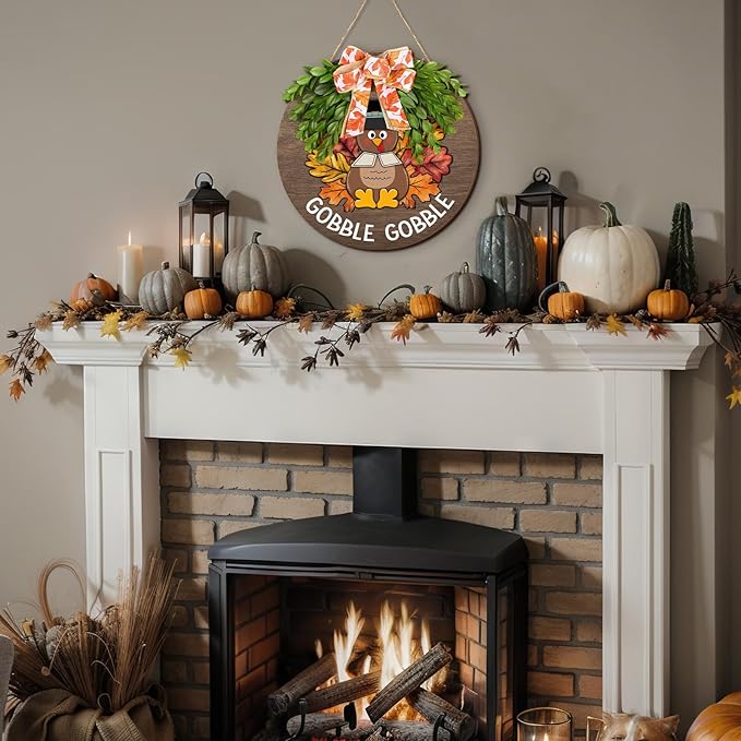 Boao 12 Inch Thanksgiving Door Decor Turkey Gobble Wooden Sign for Front Door Decorations Thanksgiving Sign with Bow Wall Art Hanging Wreath Decorations for Harvest Home Outdoor Farmhouse Porch Hanger