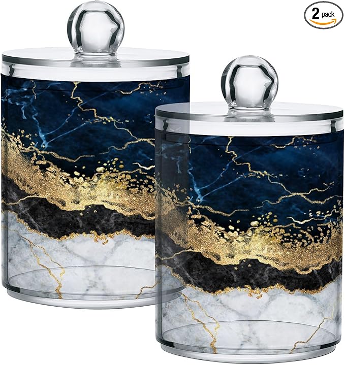 2 Pack Qtip Holder Dispenser Navy Blue Marble Bathroom Storage Canister Lid Acrylic Plastic Apothecary Jar Set Vanity Makeup Organizer for Cotton Swabs/Pads/Floss