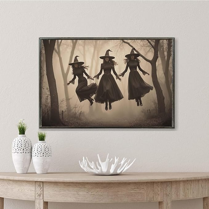 JFHCQJPK Three ghost witches flying in vintage forest gothic wall art witchcraft decoration holiday gift canvas wall art print16x24in Metal blackFramed