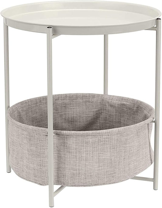 Amazon Basics Round Storage End Table, Side Table with Cloth Basket, White/Heather Gray, 17.7"L x 17.7"W x 18.9"H