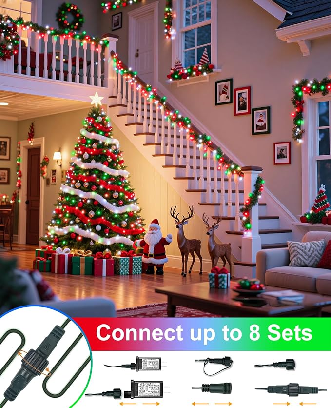 Christmas Lights Outdoor 40FT 120 LED, Green Wire Christmas Tree Lights with Waterproof, 8 Modes & Timer, Connectable String Twinkle Light for Indoor Yard Party Holiday Decorations, Red White Green