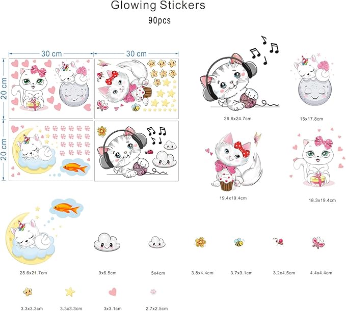 Glow in The Dark Stars for Girl's Room, Glowing Cats Cartoon Wall/Ceiling Decals, Kitten Butterflies Stickers for Kids Bedroom, Luminous Wall Decor for Nursery (Blue)