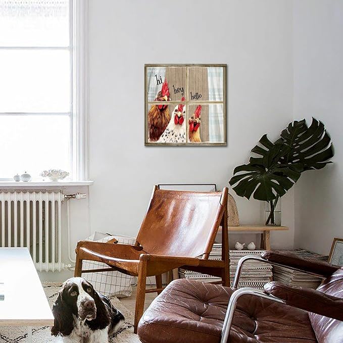 Visual Art Decor Rooster Decor Funny Chicken Picture Wall Decor Rustic Farmhouse Window Painting Framed 24x24 inch, Rustic Country Front Door Welcome Sign