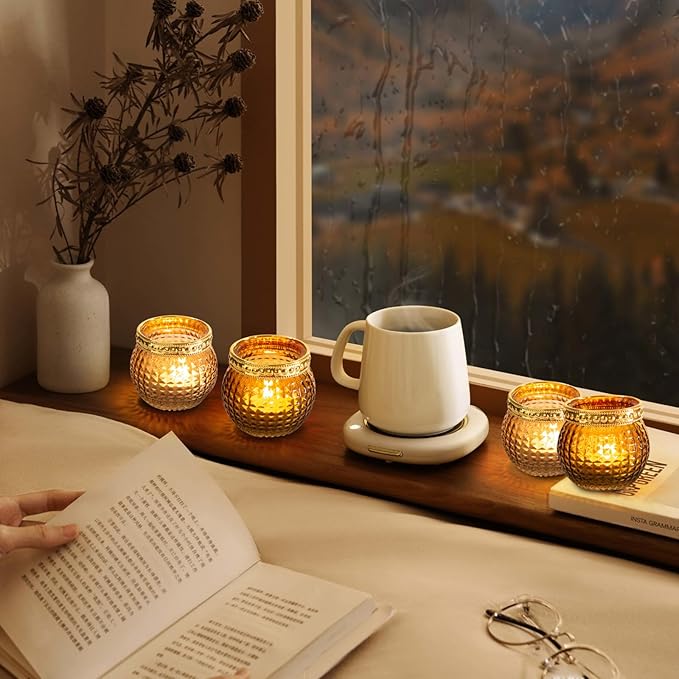 Amber Votive Candle Holders,Small Glass Tea Light Holder 12pcs,for Wedding Table,Vintage Boho Party,Holiday Centerpieces Fall Decorations