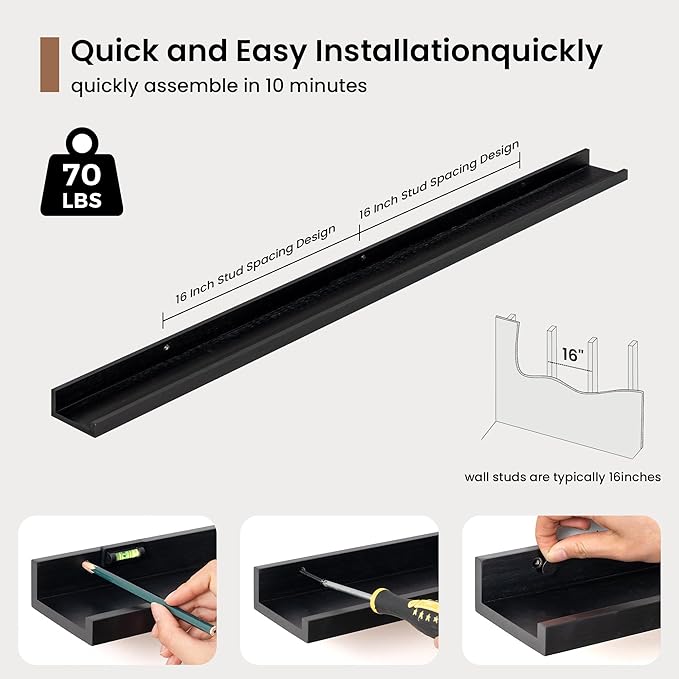 Picture Ledge Shelf, Solid Pine Wood Floating Shelves Set of 2, 48 Inches Nursery Book Shelves for Toys Storage, Kids Bookshelf Wall Mounted for Living Room Bedroom Decor Books Photo Frames, Black