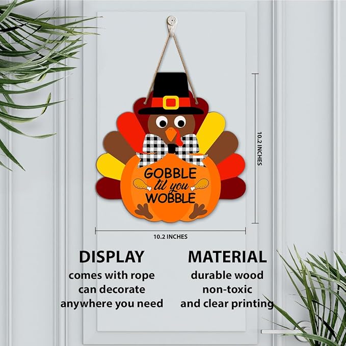 Thanksgiving Turkey Wooden Sign Wall Decor, Gobble Til You Wobble Thanksgiving Fall Welcome Wood Hanging Door Signs Decorations for Home Office Kitchen Front Door